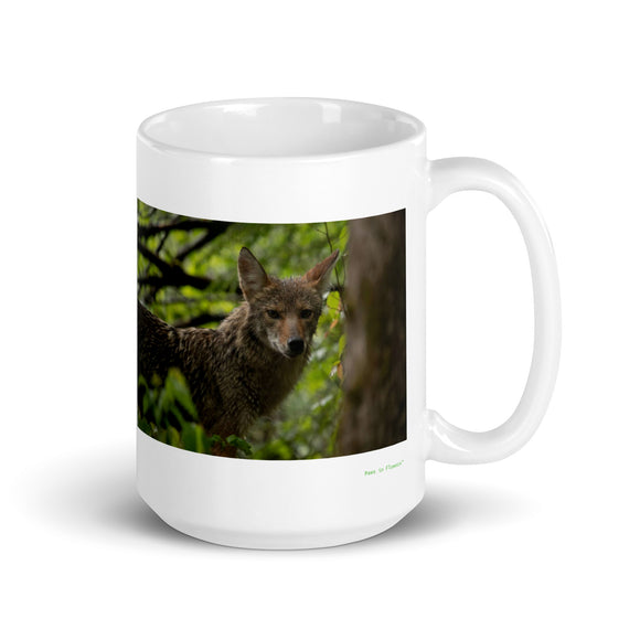 15 oz. white ceramic coyote mug showing a coyote in its natural habitat