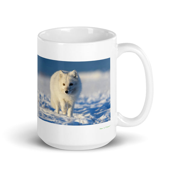 15 oz. white ceramic arctic fox mug showing an arctic fox in its natural habitat