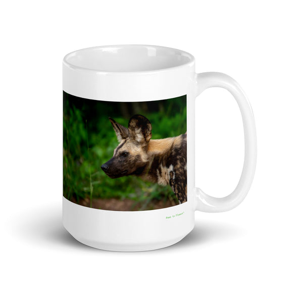 15 oz. white ceramic African wild dog mug showing an African wild dog in its natural habitat