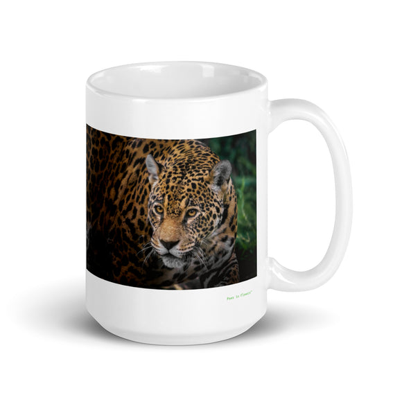 15 oz. white ceramic jaguar mug showing a jaguar in its natural habitat
