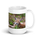 15 oz. white ceramic bobcat mug showing a bobcat in its natural habitat