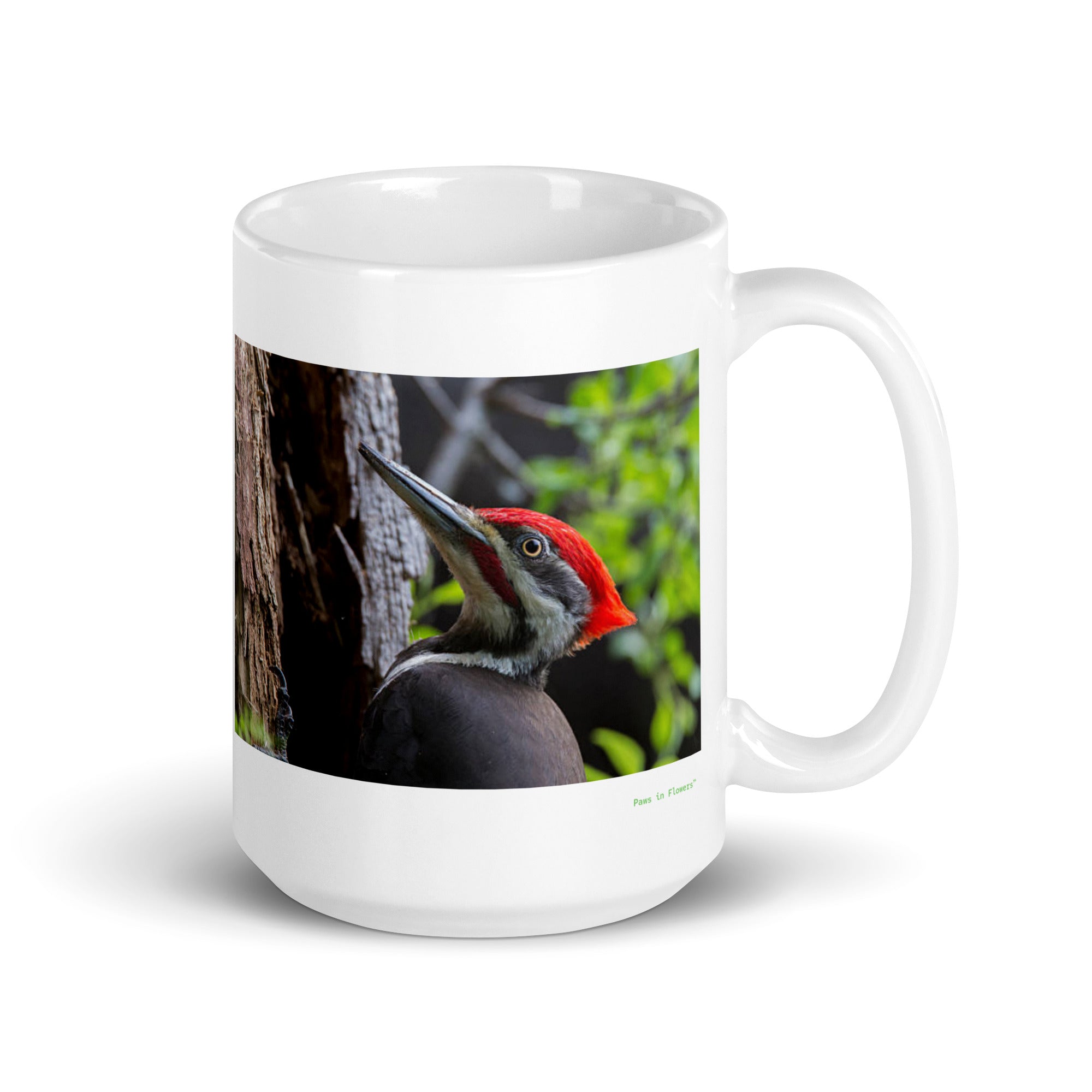 15 oz. white ceramic woodpecker mug showing a woodpecker in its natural habitat