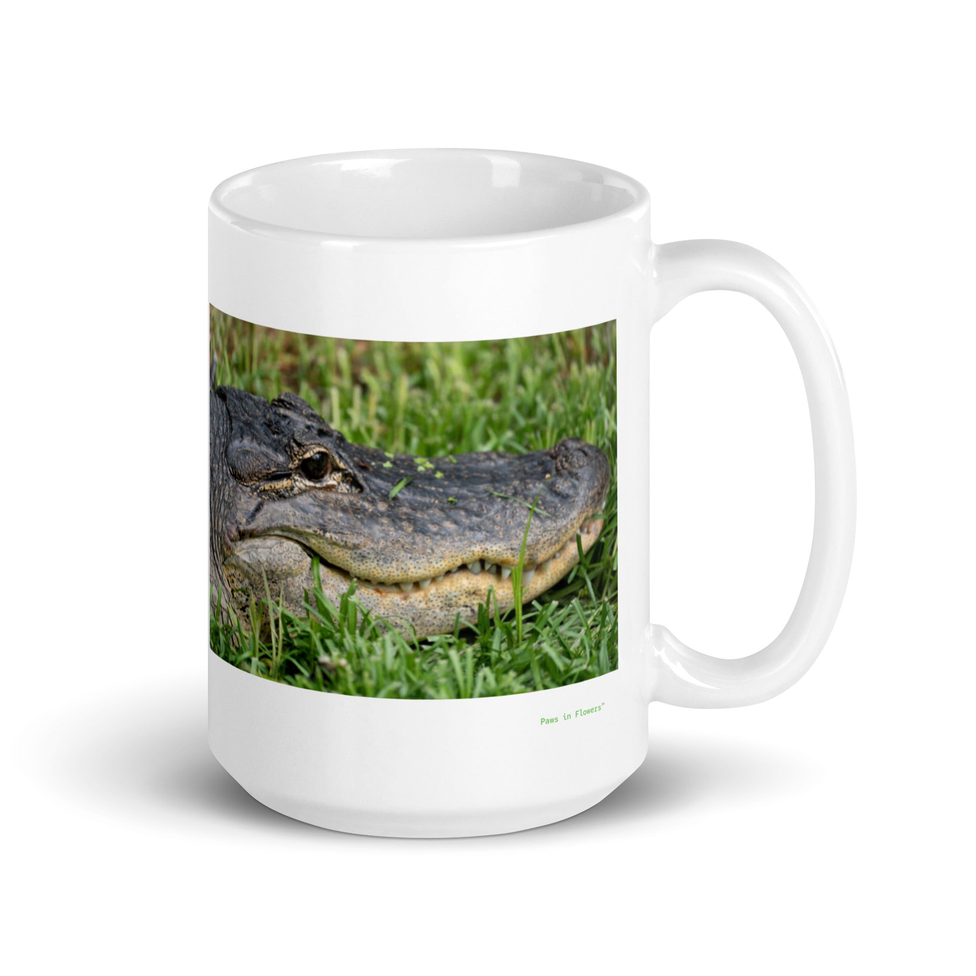 15 oz. white ceramic alligator mug showing an alligator in its natural habitat