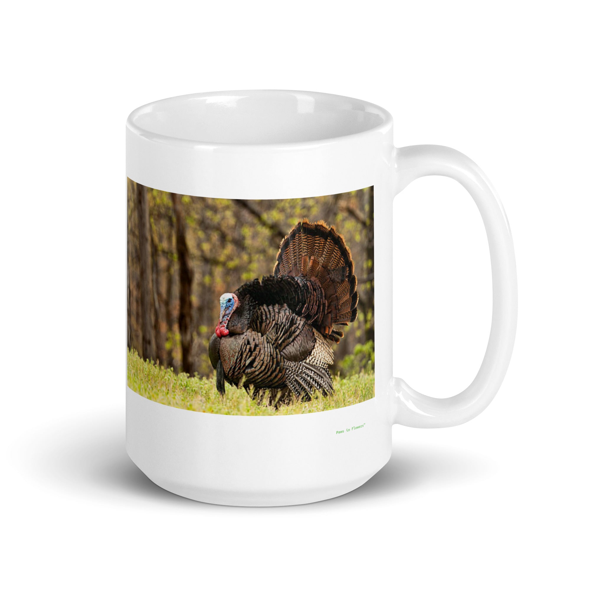 15 oz. white ceramic turkey bird mug showing a turkey bird in its natural habitat