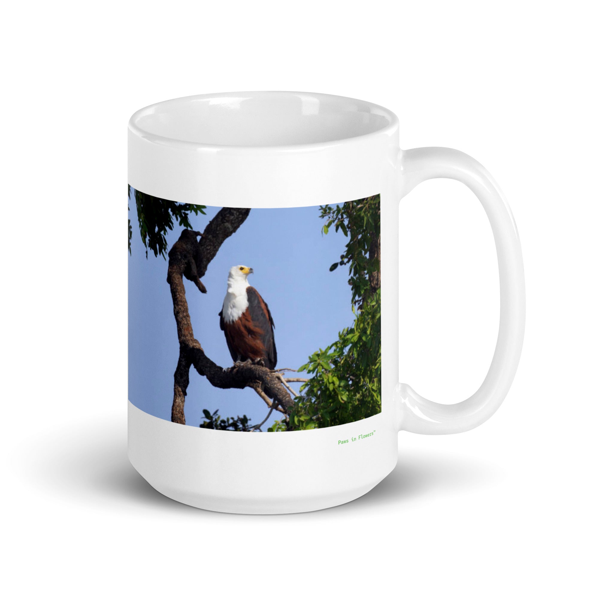 15 oz. white ceramic African fish eagle mug showing an African fish eagle in its natural habitat