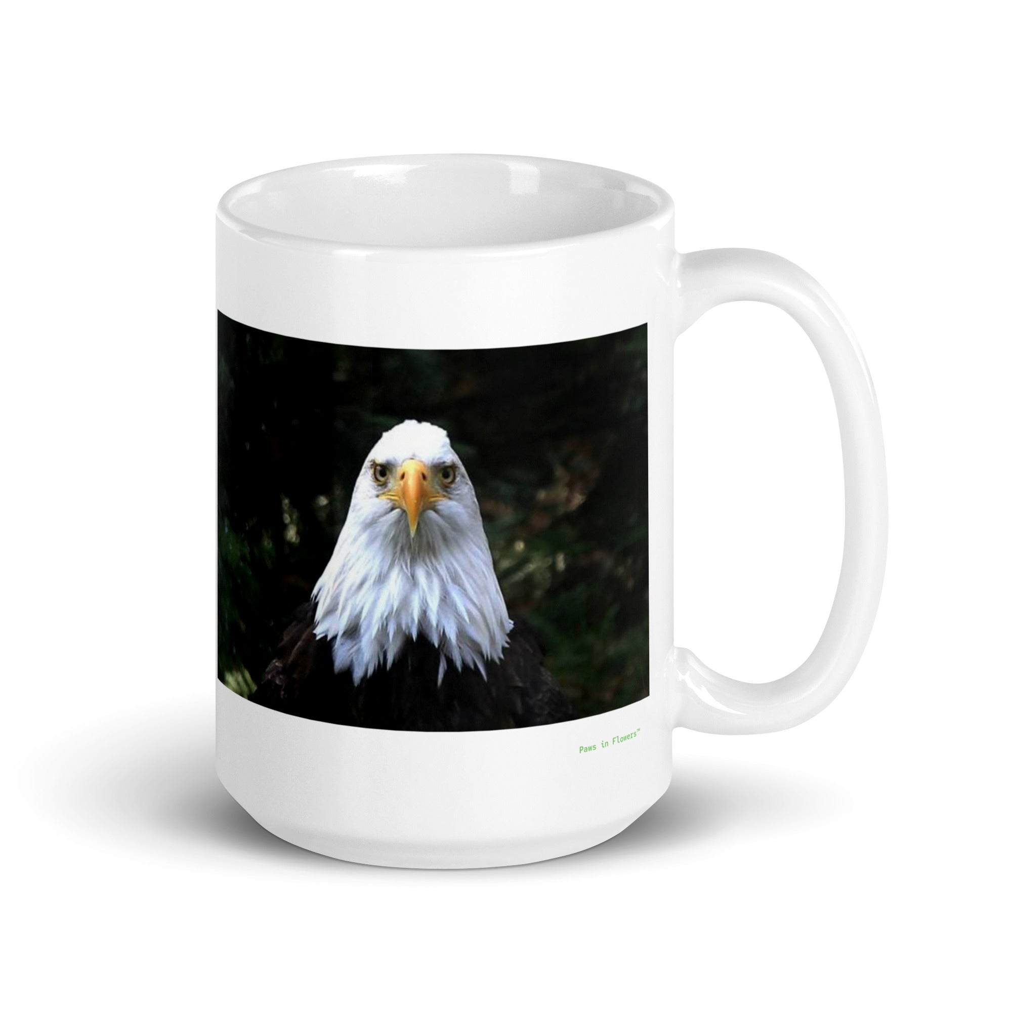 15 oz. white ceramic bald eagle mug showing a bald eagle in its natural habitat