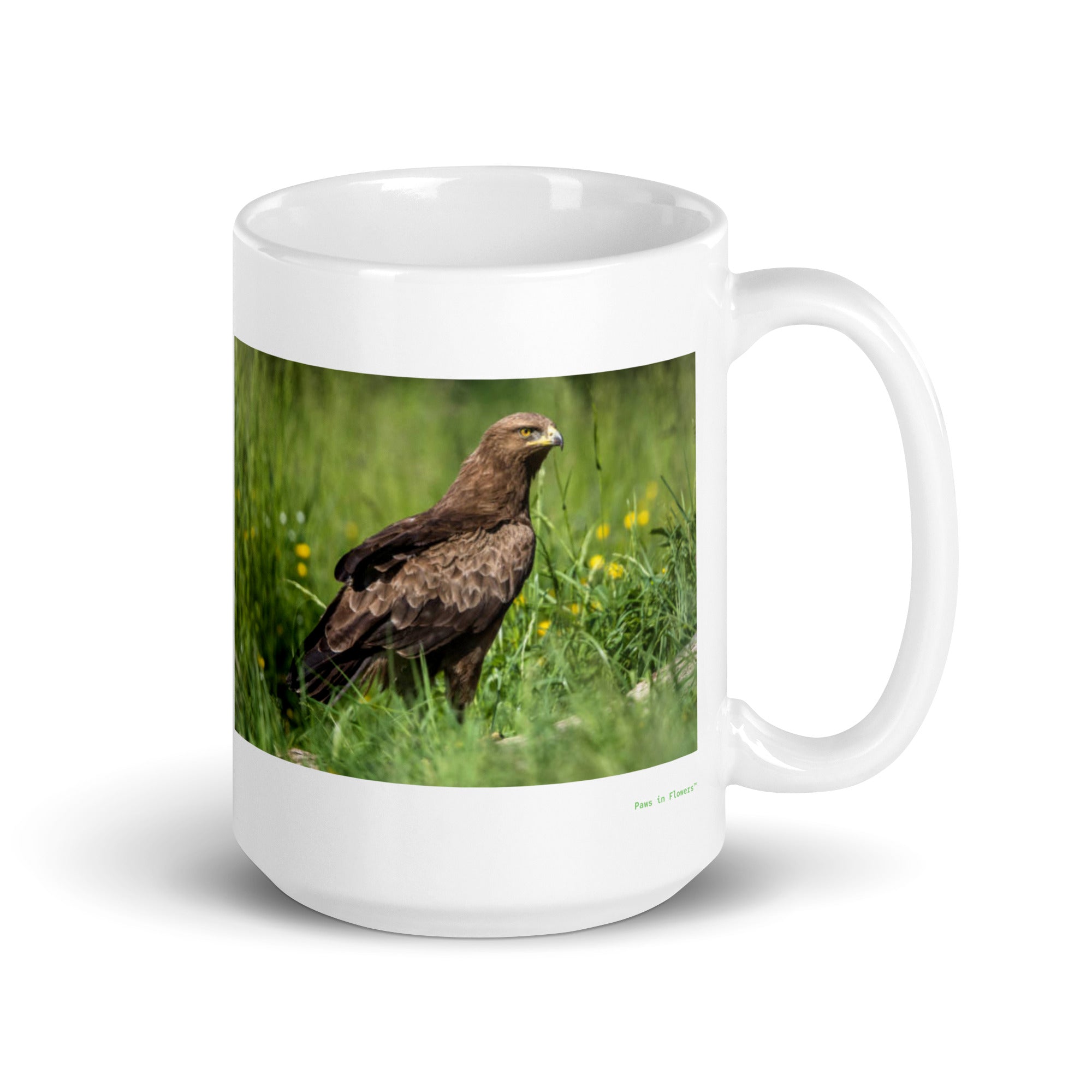 15 oz. white ceramic hawk mug showing a hawk in its natural habitat