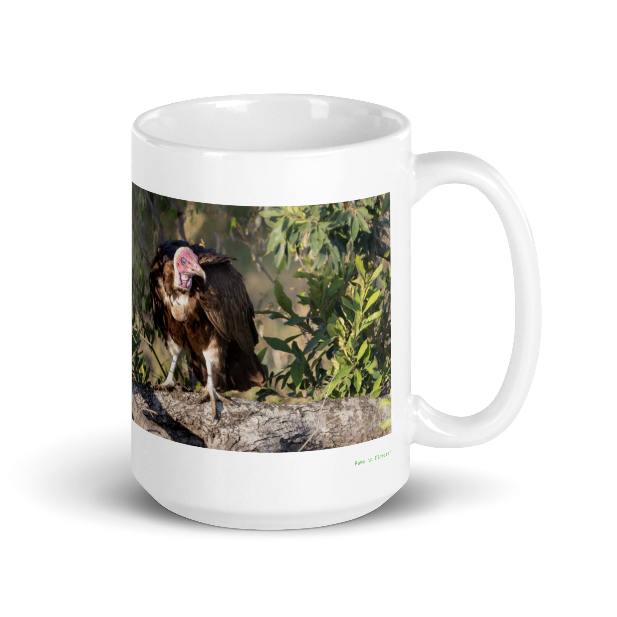 15 oz. white ceramic lappet faced vulture mug showing a lappet faced vulture in its natural habitat