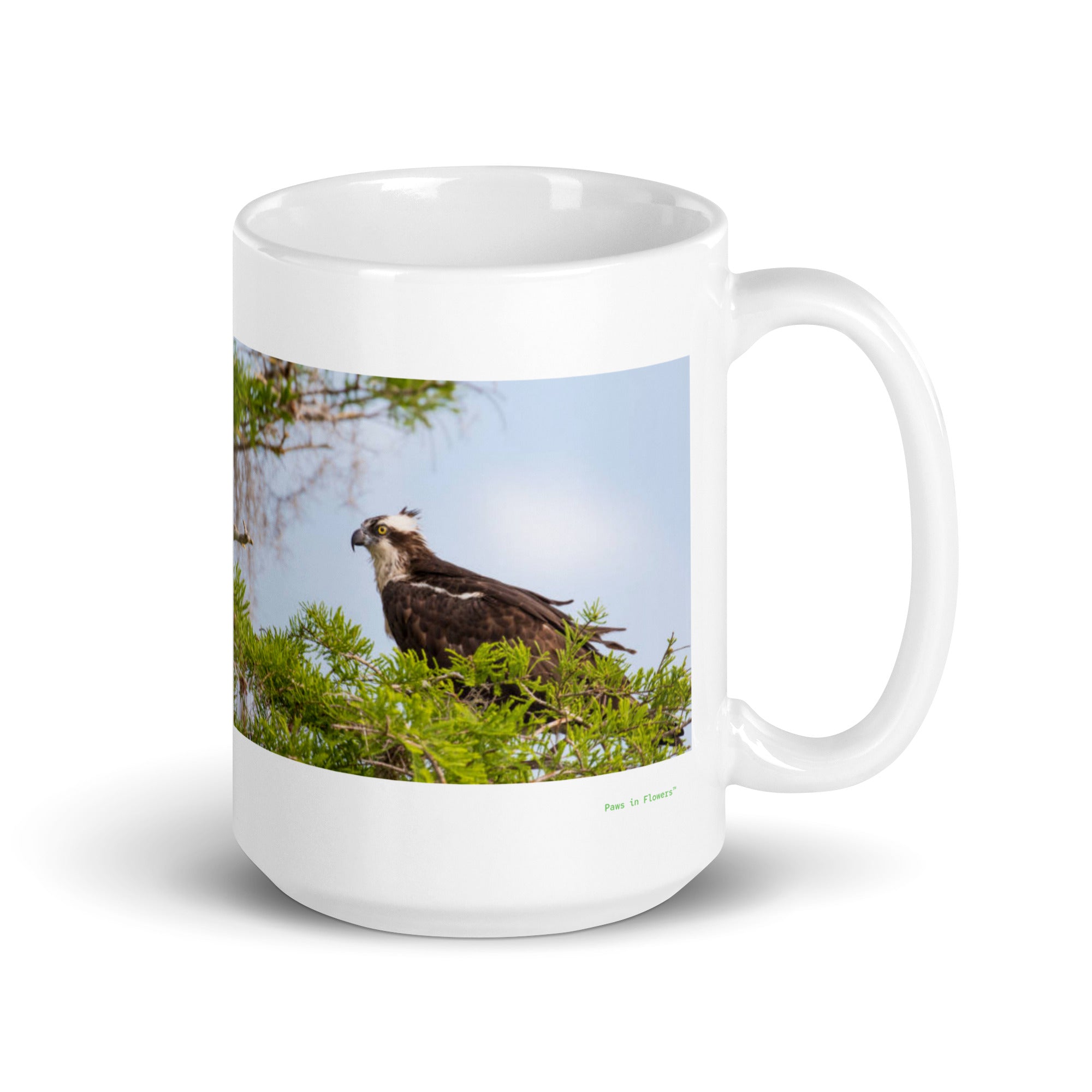 15 oz. white ceramic osprey mug showing an osprey in its natural habitat