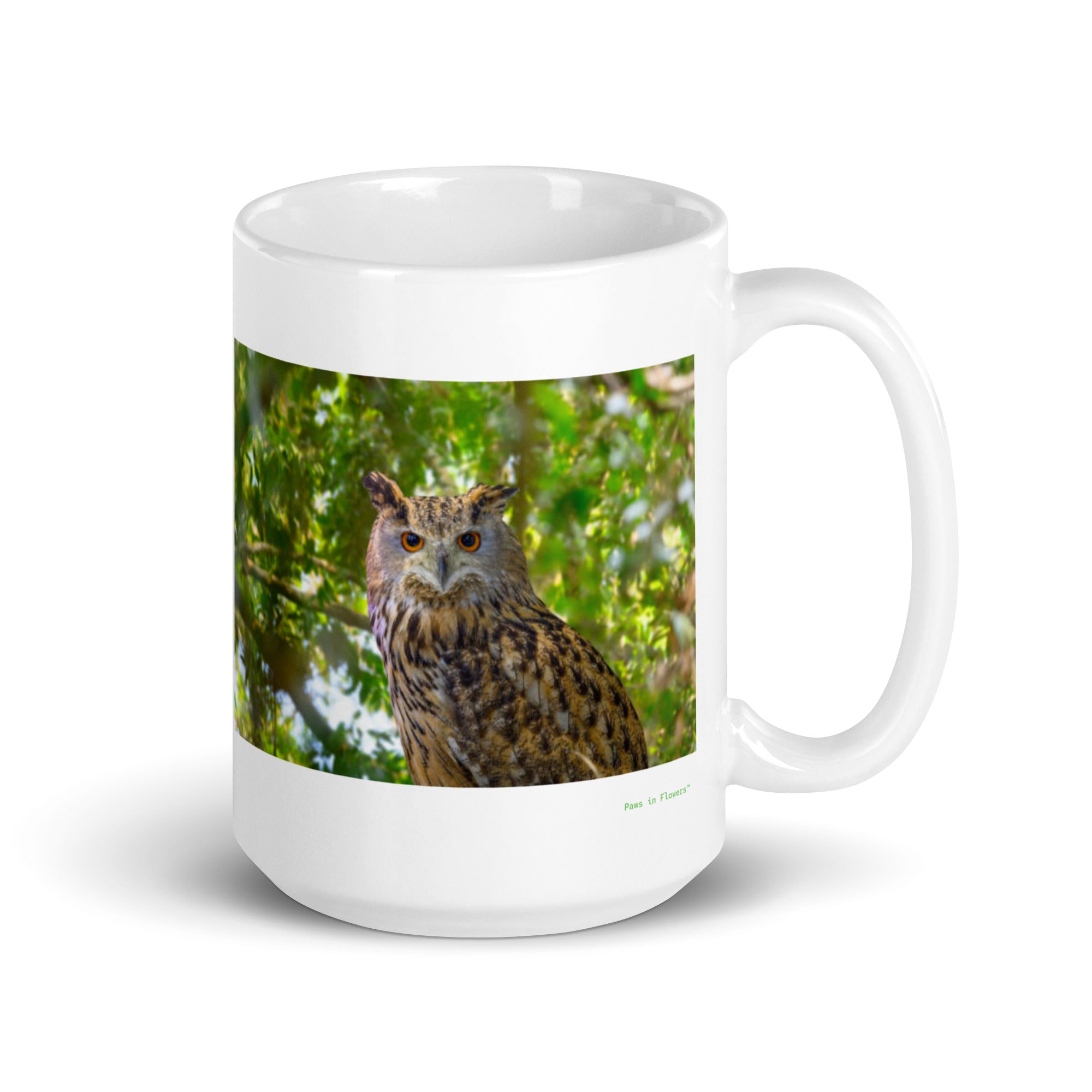 15 oz. white ceramic owl mug showing an owl in its natural habitat