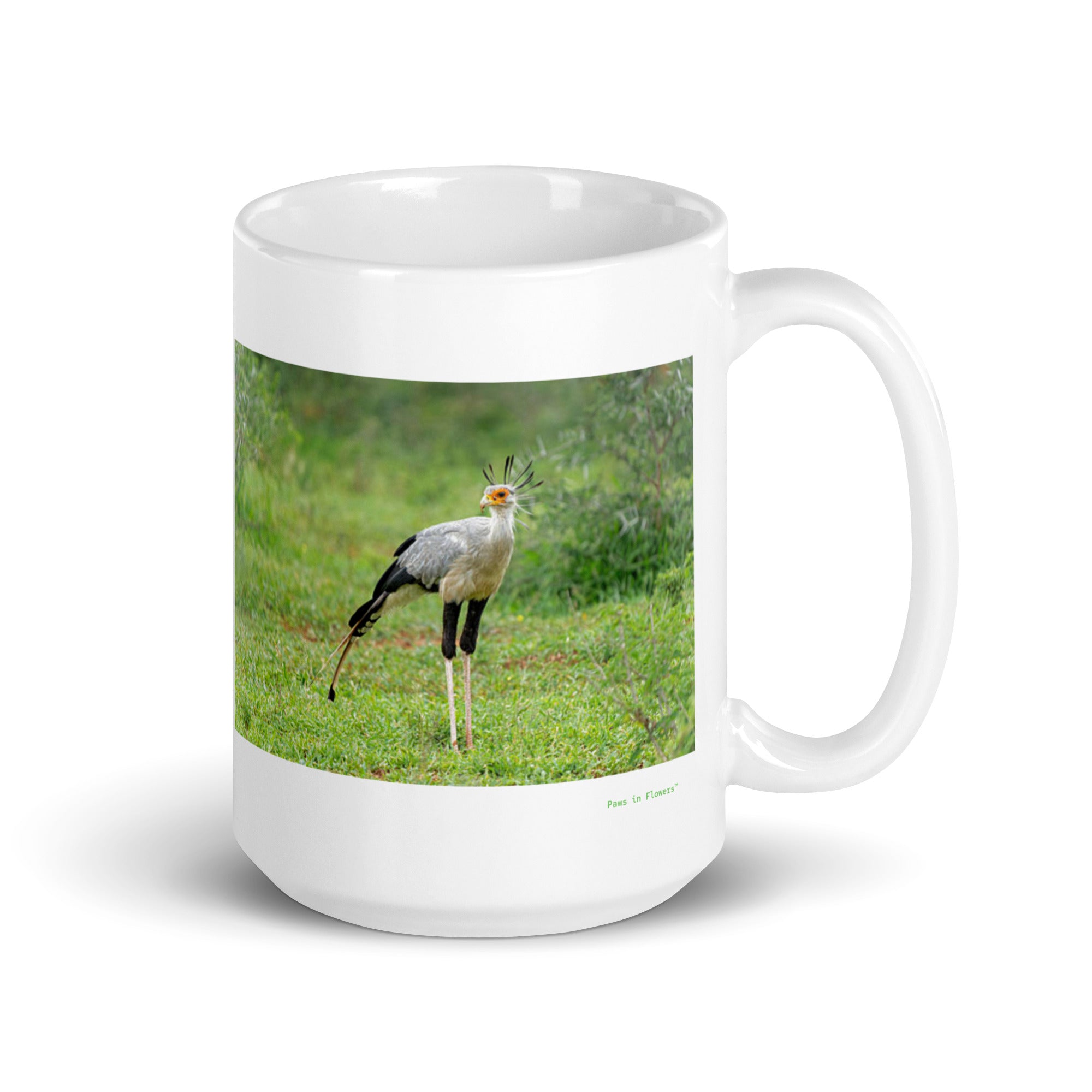 15 oz. white ceramic secretary bird mug showing a secretary bird in its natural habitat