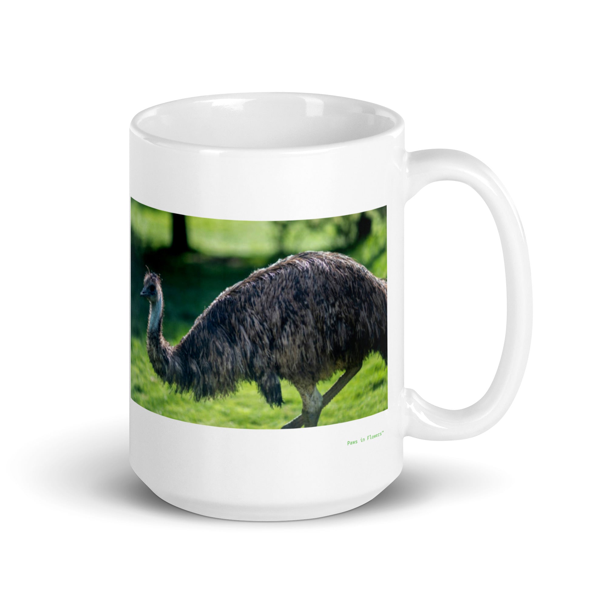 15 oz. white ceramic emu mug showing an emu in its natural habitat