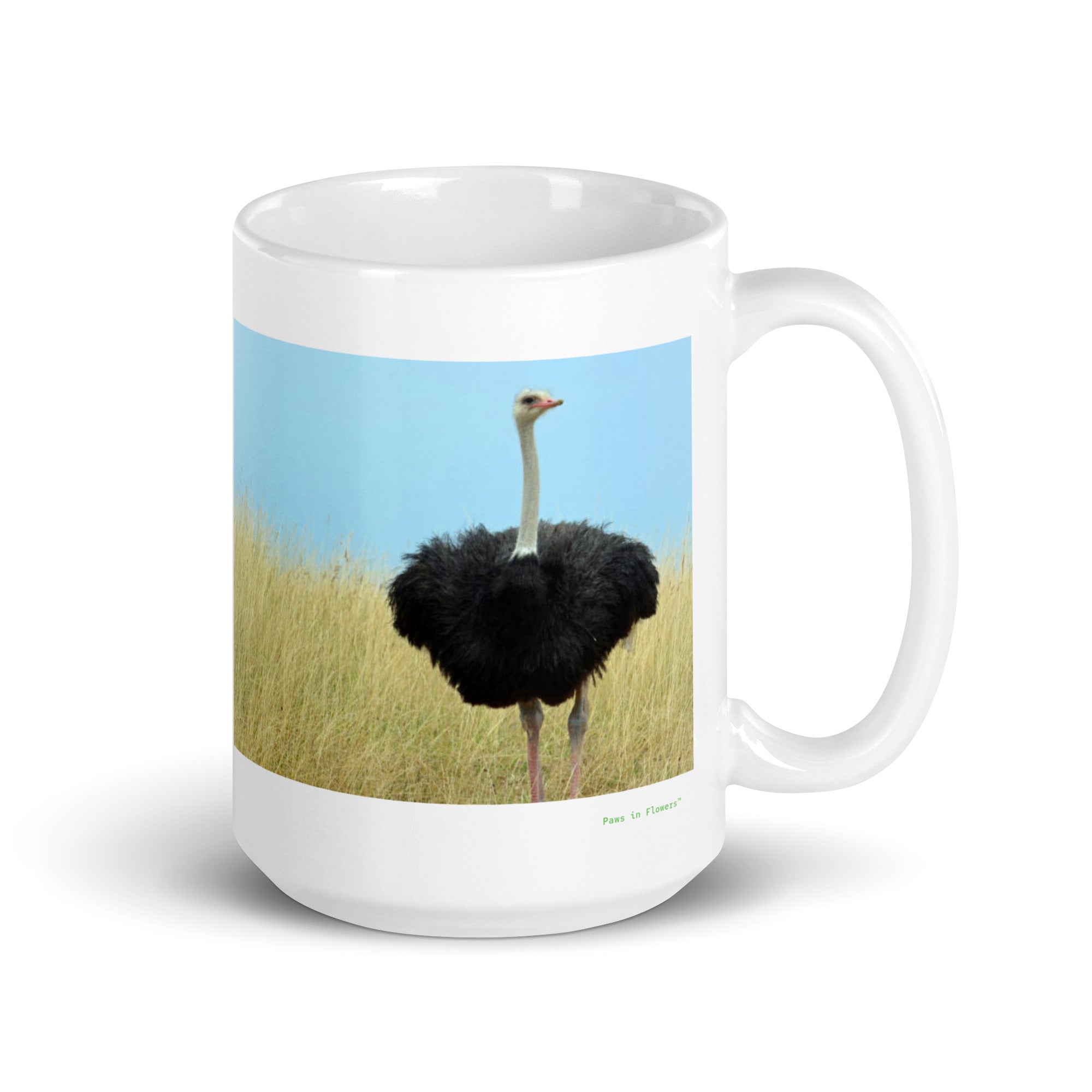 15 oz. white ceramic ostrich mug showing an ostrich in its natural habitat