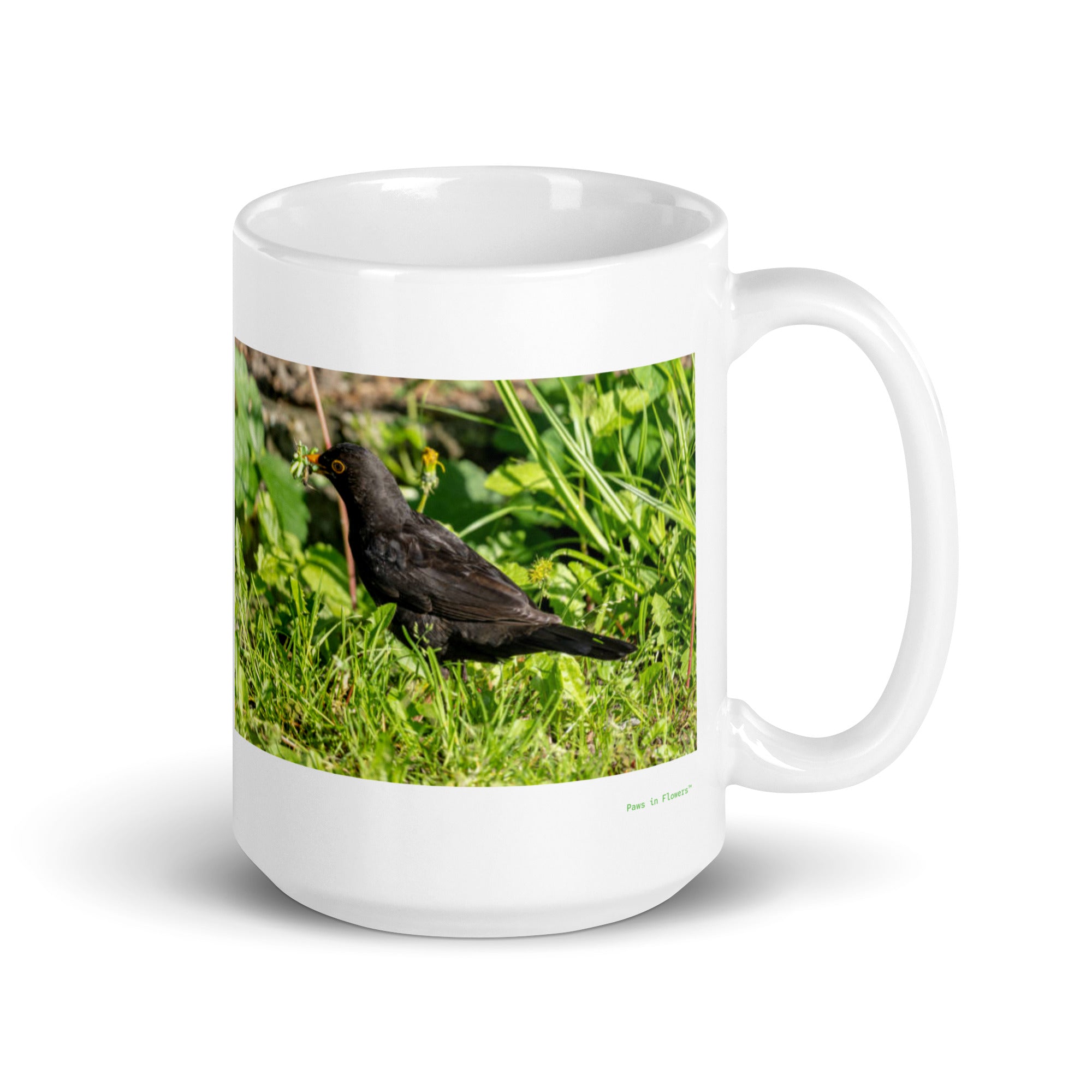 15 oz. white ceramic blackbird mug showing a blackbird in its natural habitat
