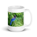 15 oz. white ceramic bluebird mug showing a bluebird in its natural habitat