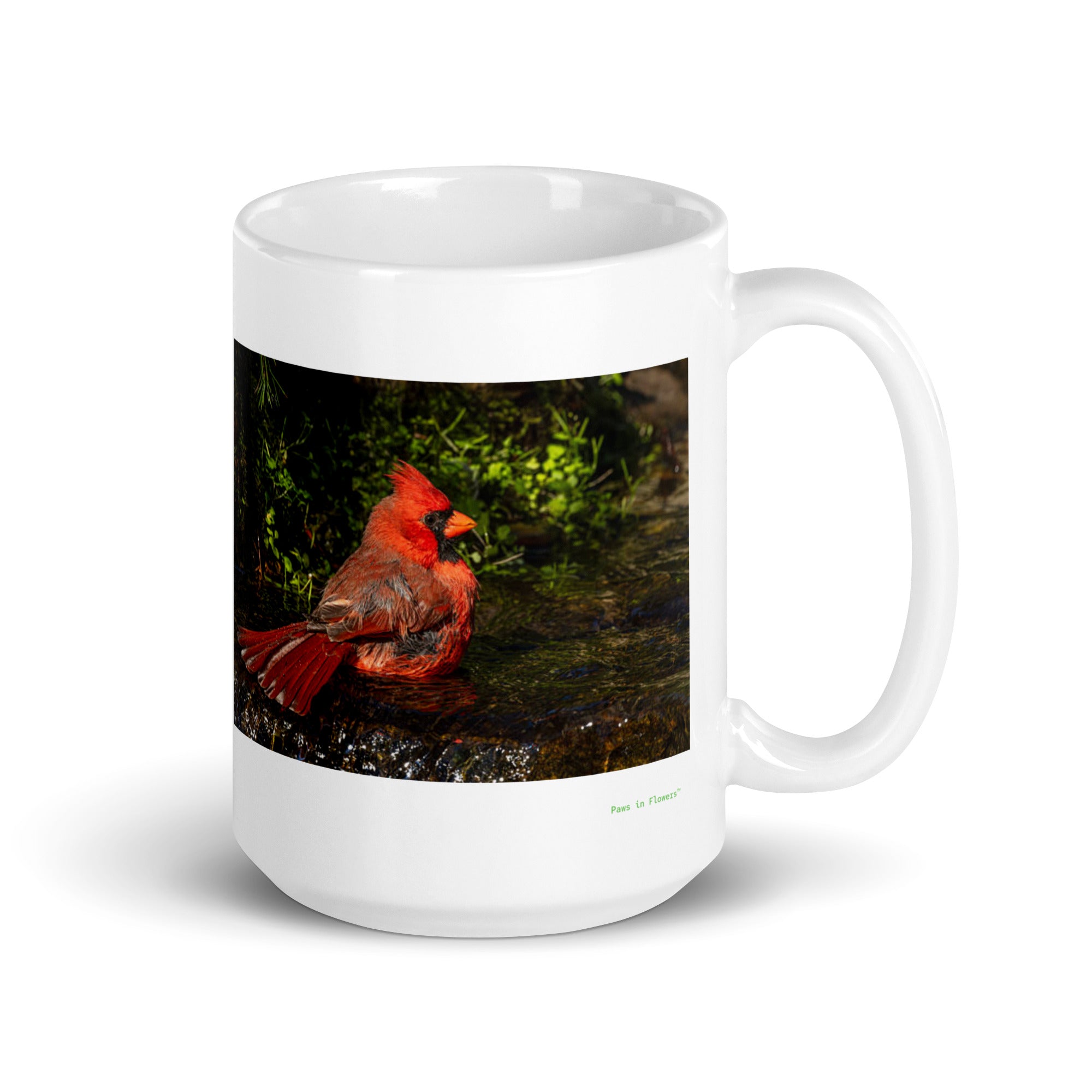 15 oz. white ceramic cardinal mug showing a cardinal in its natural habitat