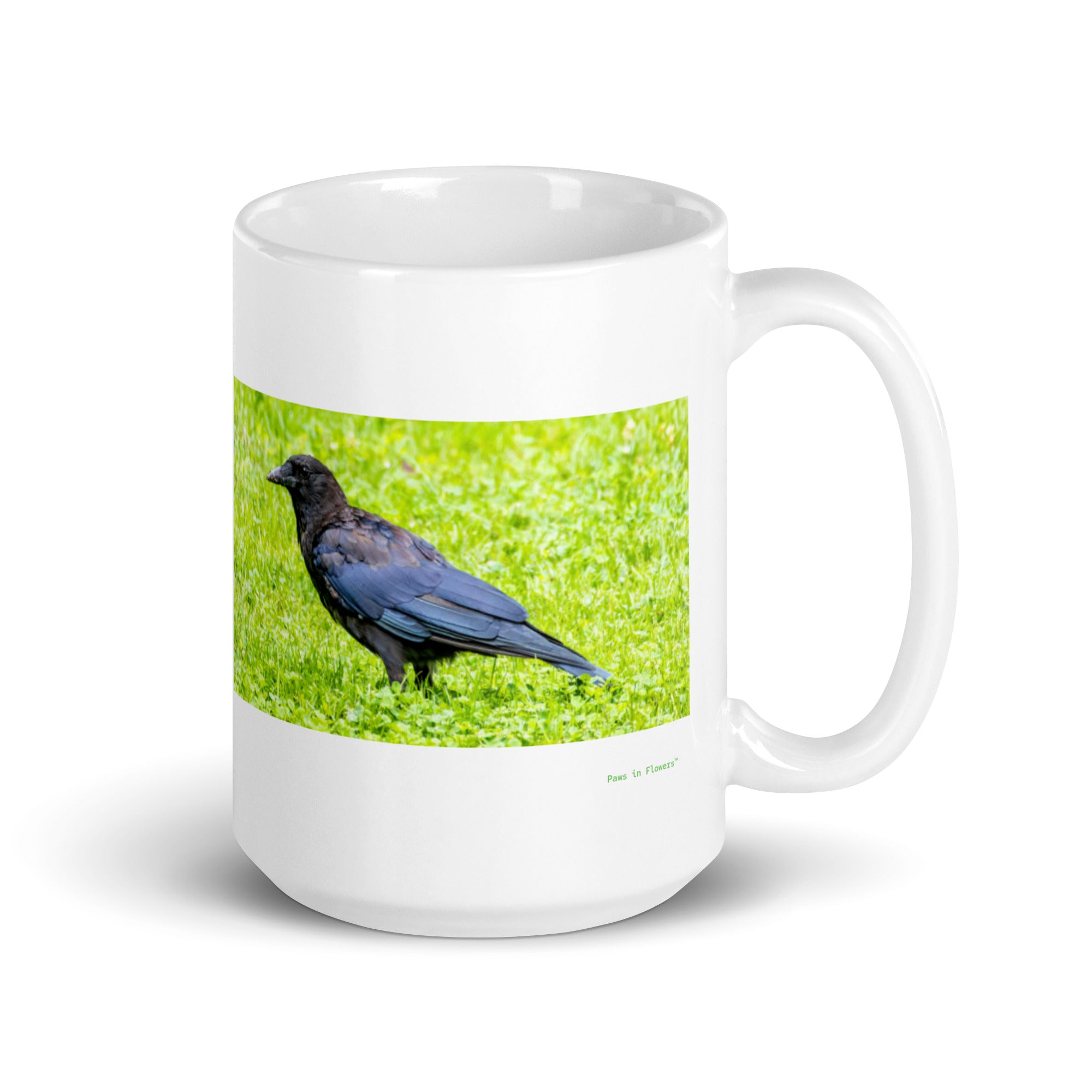 15 oz. white ceramic crow mug showing a crow in its natural habitat