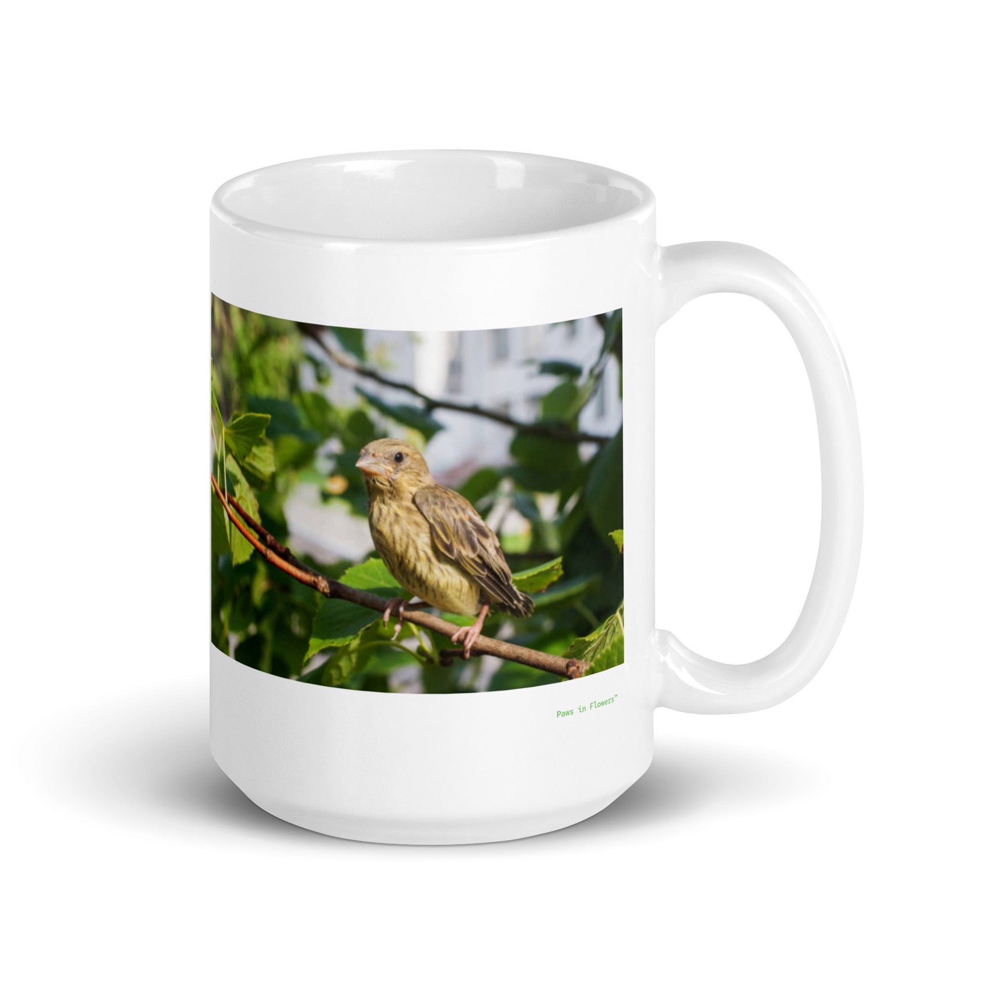 15 oz. white ceramic finch mug showing a finch in its natural habitat