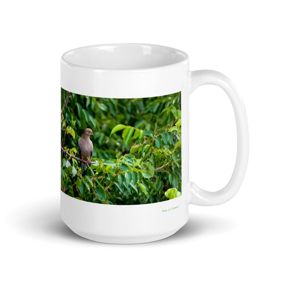 15 oz. white ceramic dove mug showing a dove in its natural habitat