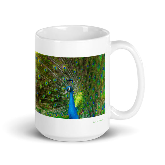15 oz. white ceramic peacock mug showing a peacock in its natural habitat
