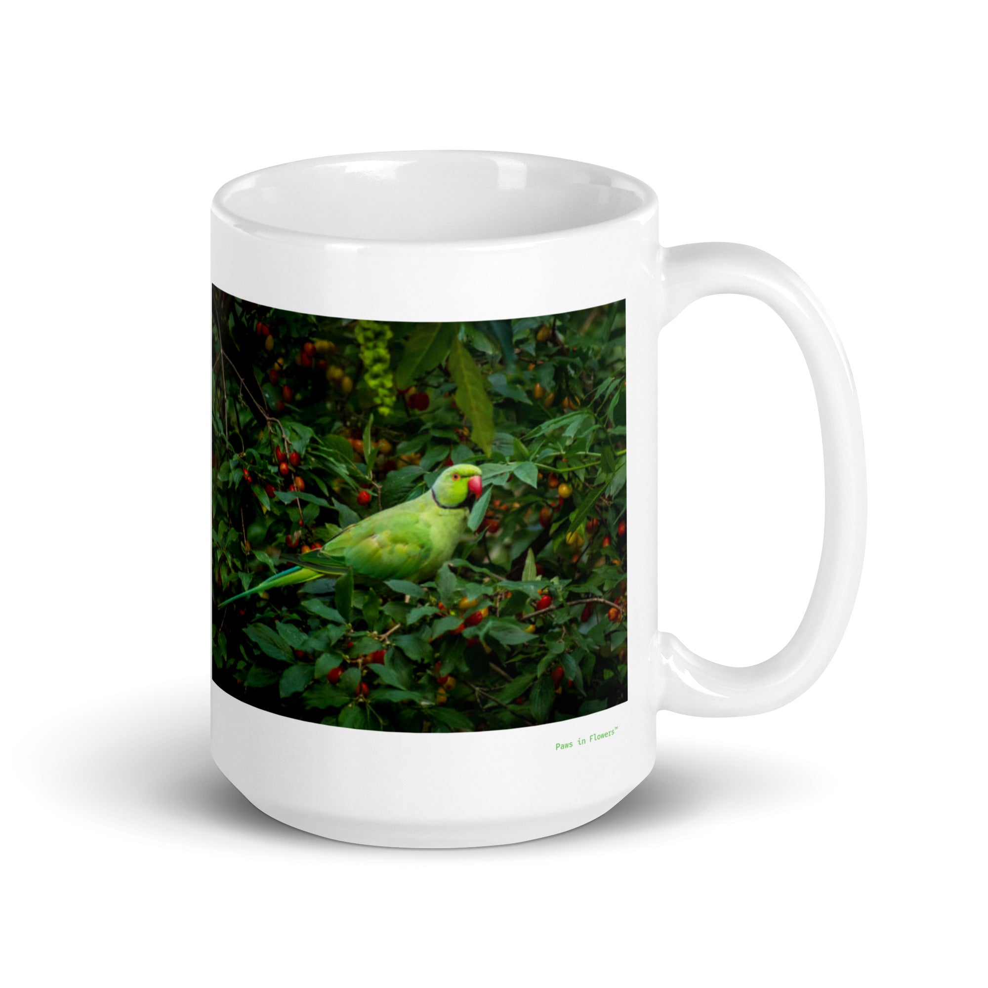 15 oz. white ceramic parrot mug showing a parrot in its natural habitat