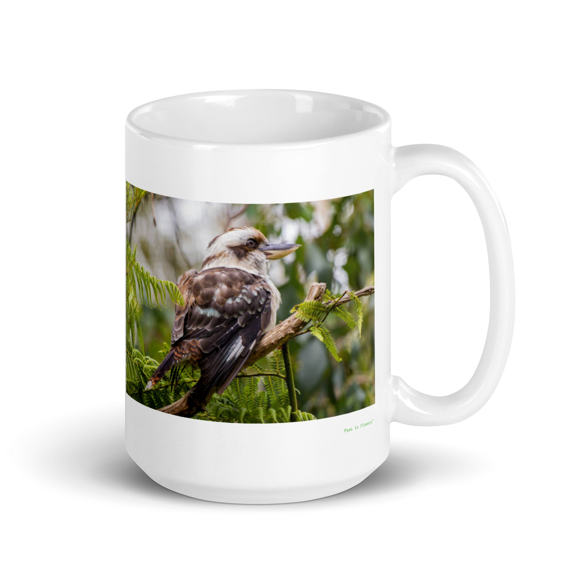 15 oz. white ceramic kookaburra mug showing a kookaburra in its natural habitat