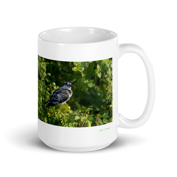 15 oz. white ceramic kingfisher mug showing a kingfisher in its natural habitat
