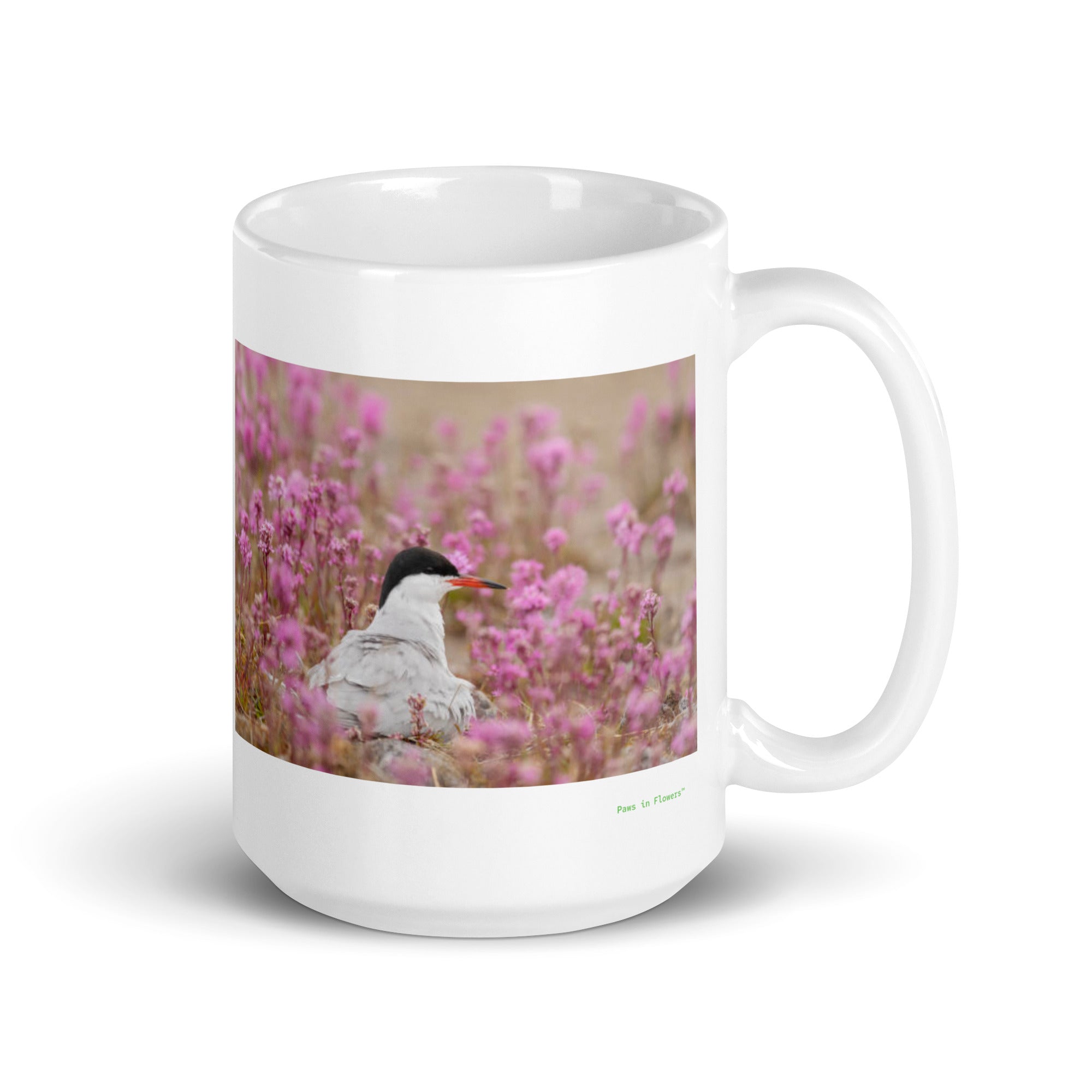 15 oz. white ceramic tern mug showing a tern in its natural habitat