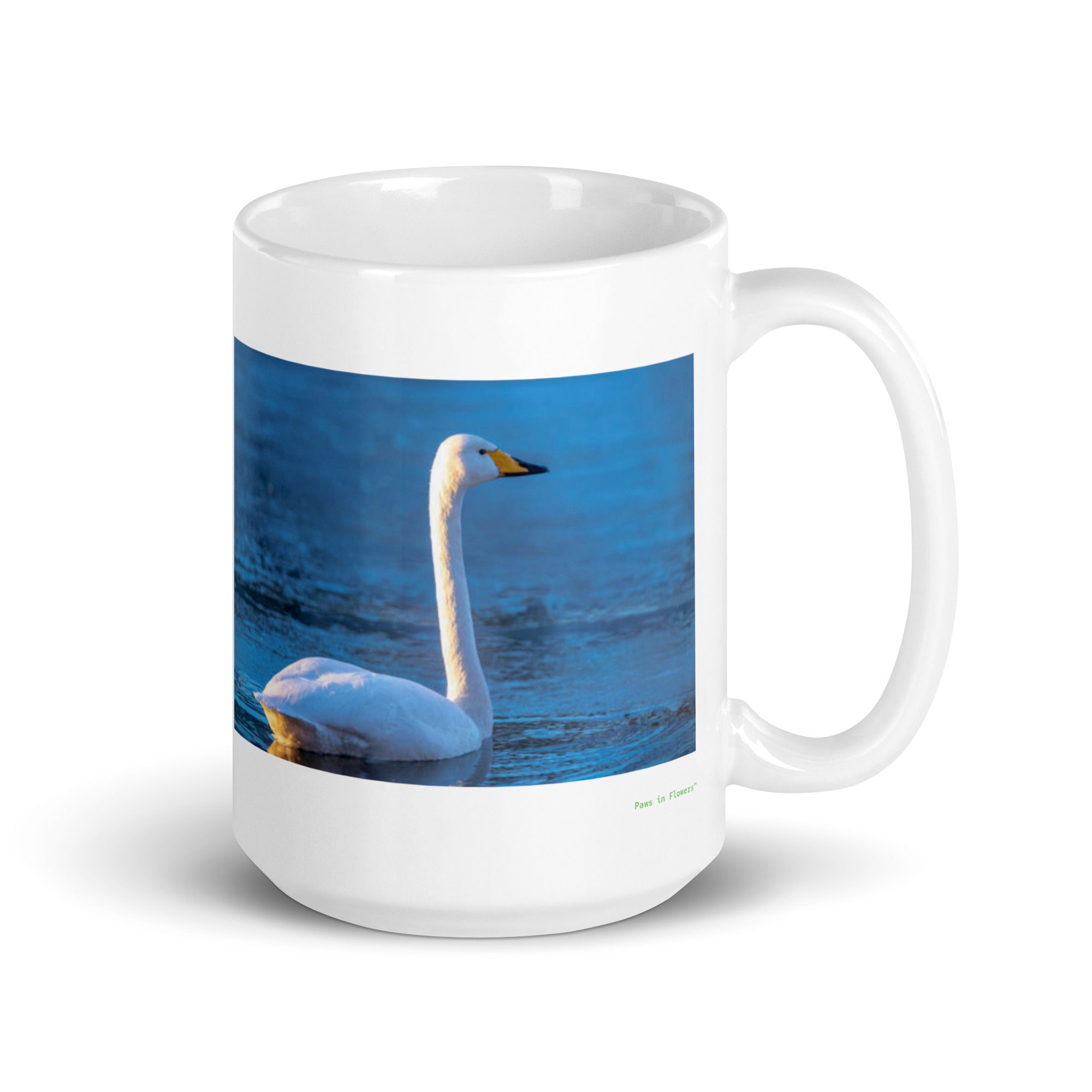 15 oz. white ceramic swan mug showing a swan in its natural habitat
