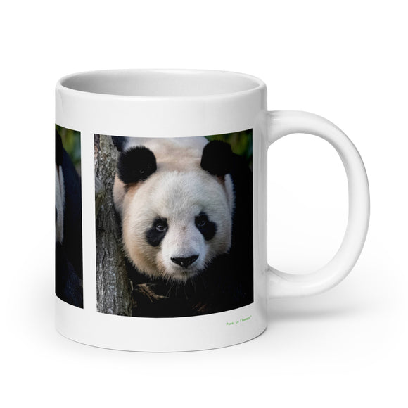 20 oz. white ceramic panda mug showing a panda in its natural habitat