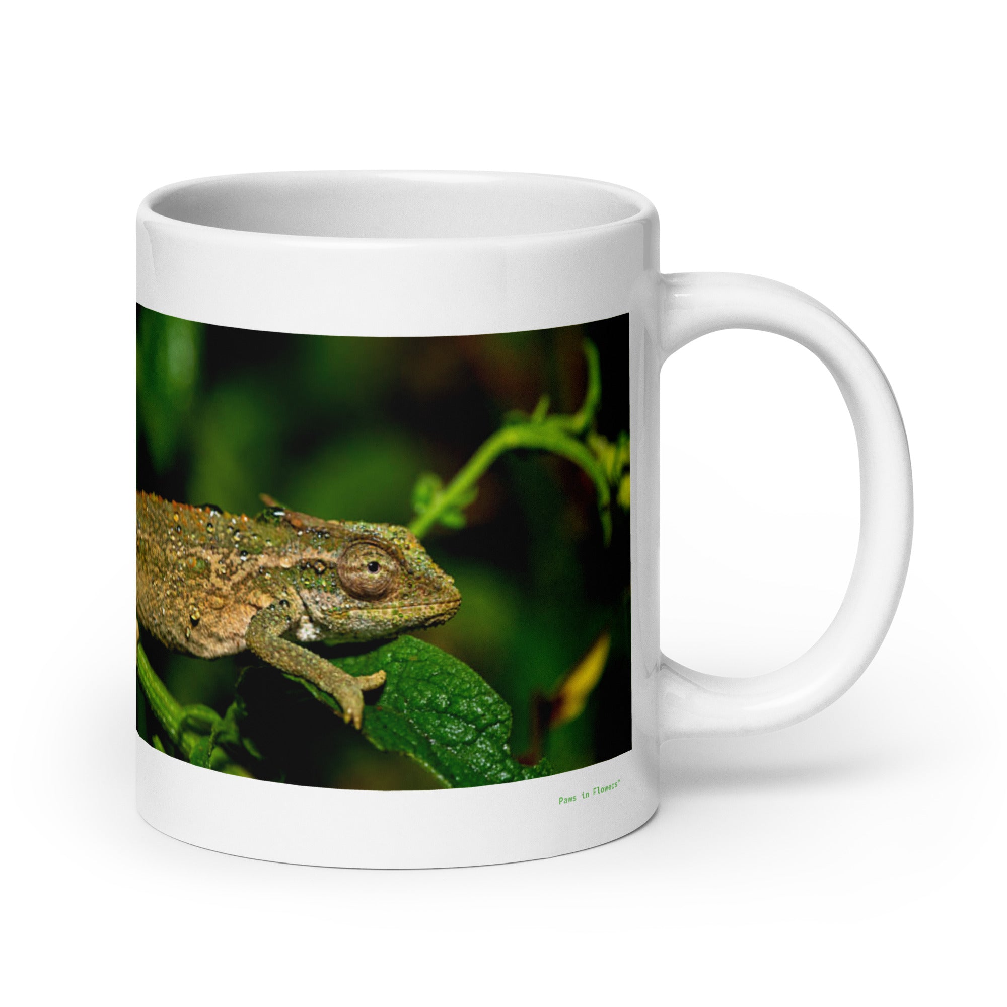 20 oz. white ceramic chameleon mug showing a chameleon in its natural habitat