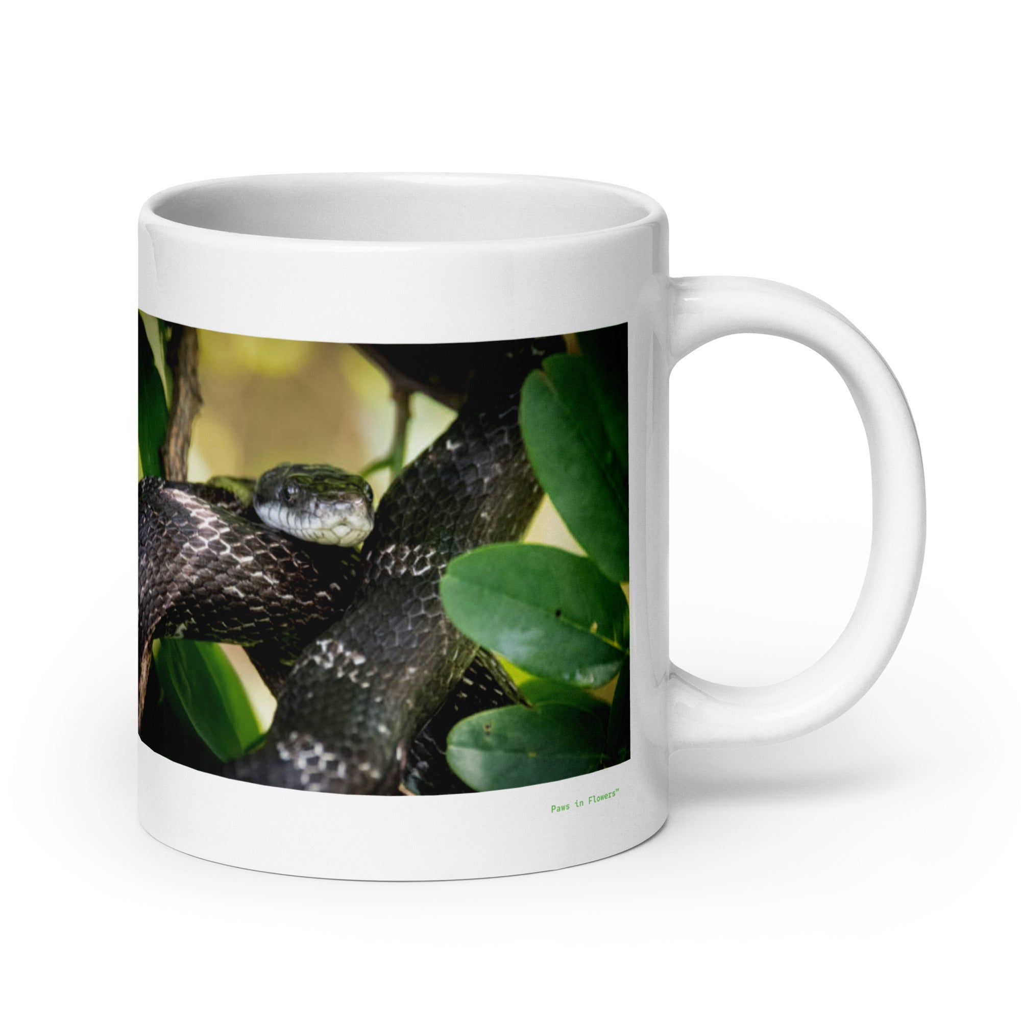 20 oz. white ceramic rat snake mug showing a rat snake in its natural habitat