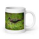 20 oz. white ceramic hadada ibis mug showing a hadada ibis in its natural habitat