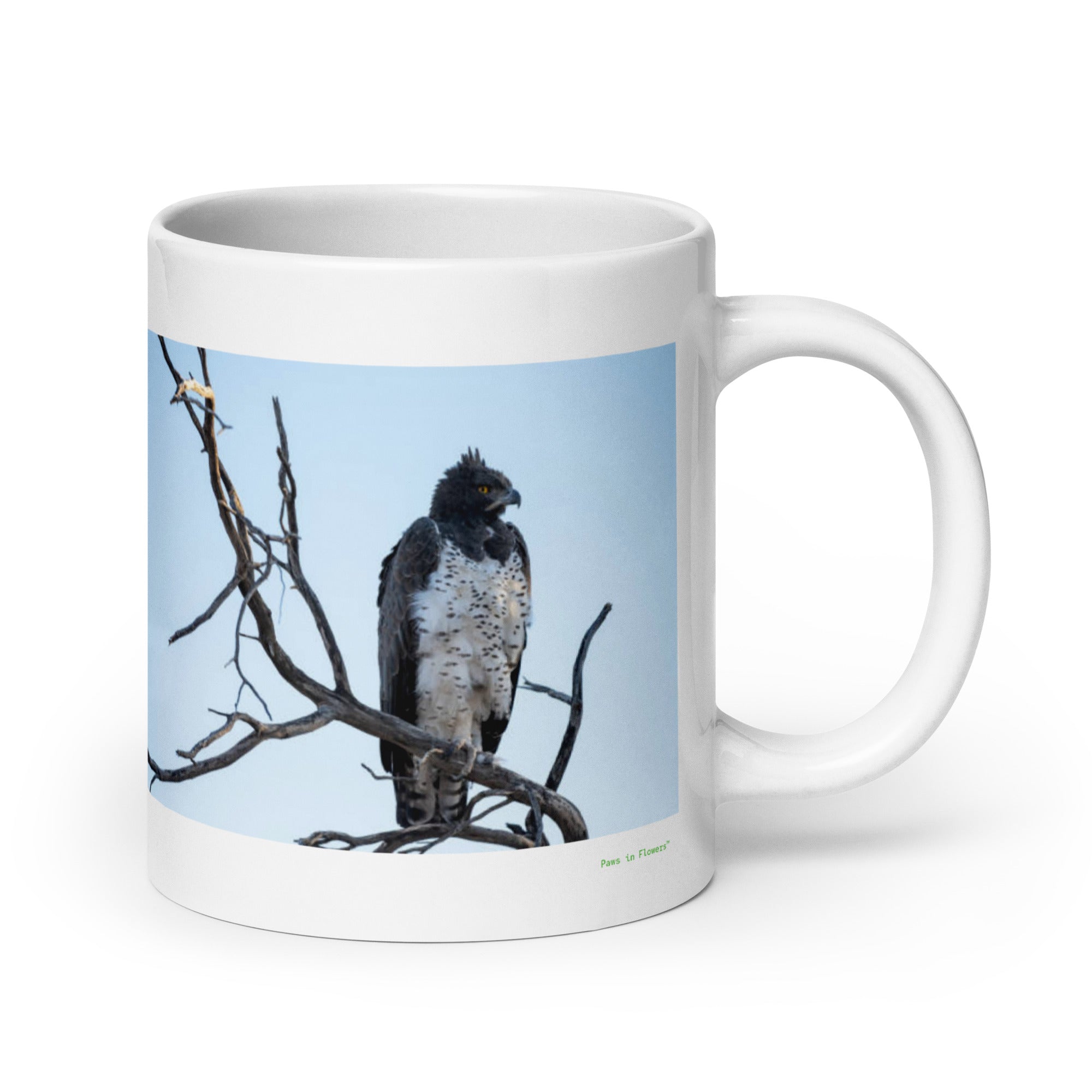 20 oz. white ceramic martial eagle mug showing a martial eagle in its natural habitat