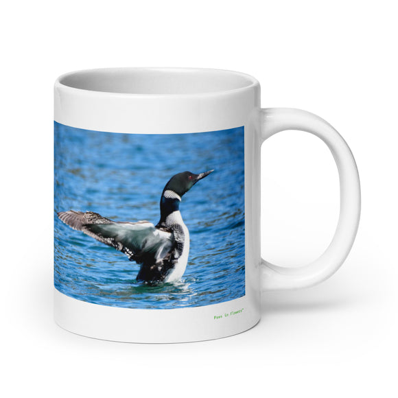20 oz. white ceramic loon mug showing a loon in its natural habitat