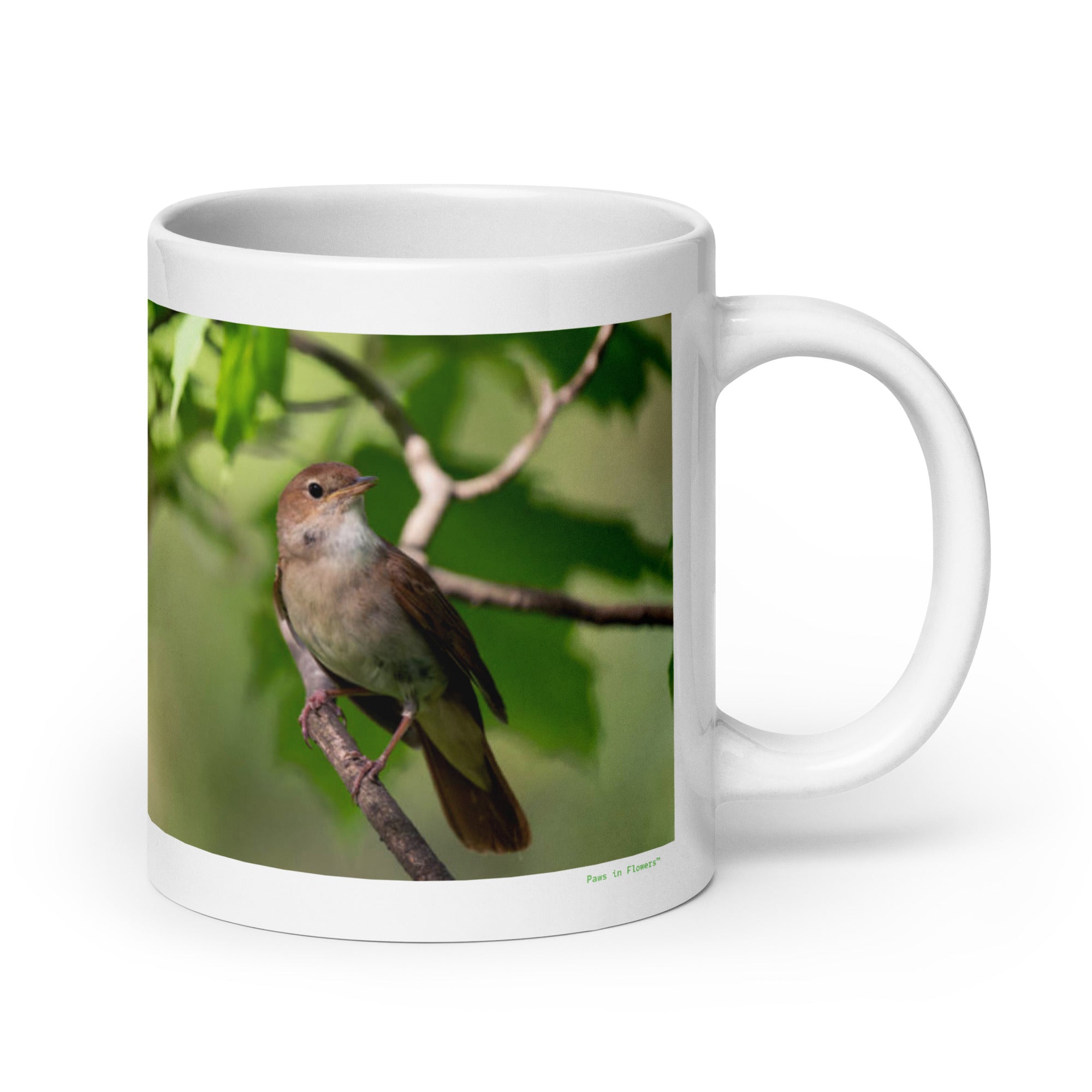 20 oz. white ceramic nightingale mug showing a nightingale in its natural habitat