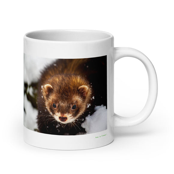 20 oz. white ceramic mink mug showing a mink in its natural habitat