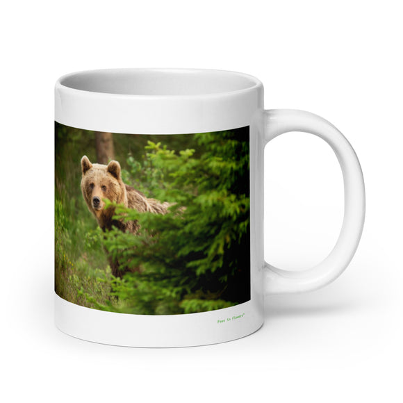 20 oz. white ceramic bear mug showing a bear in its natural habitat