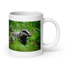 20 oz. white ceramic badger mug showing a badger in its natural habitat