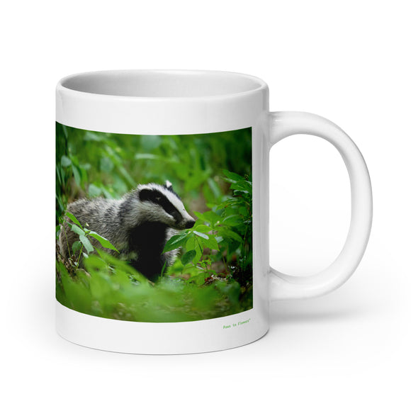 20 oz. white ceramic badger mug showing a badger in its natural habitat