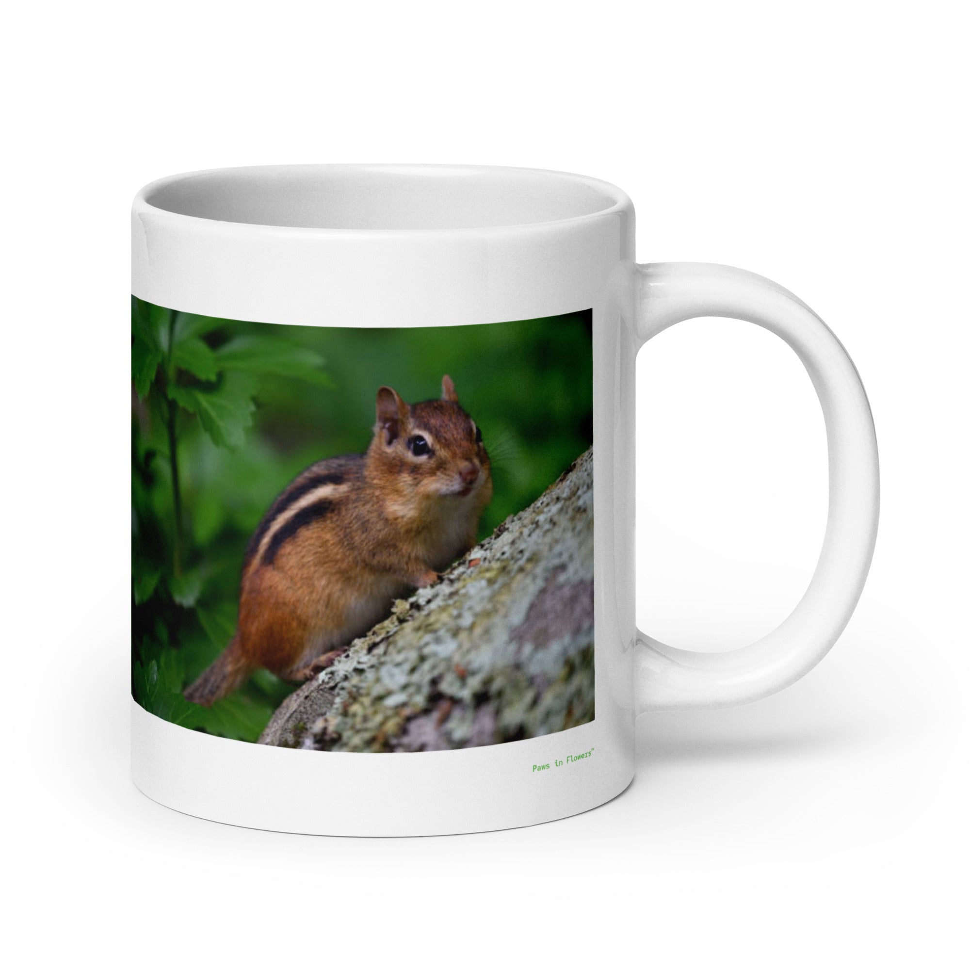 20 oz. white ceramic chipmunk mug showing a chipmunk in its natural habitat
