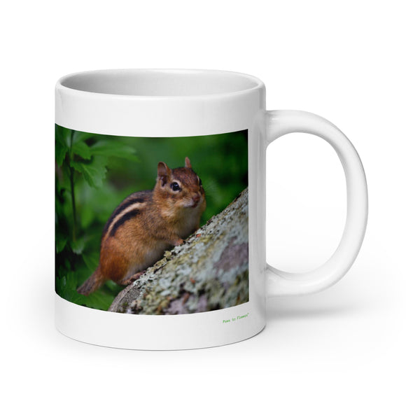 20 oz. white ceramic chipmunk mug showing a chipmunk in its natural habitat