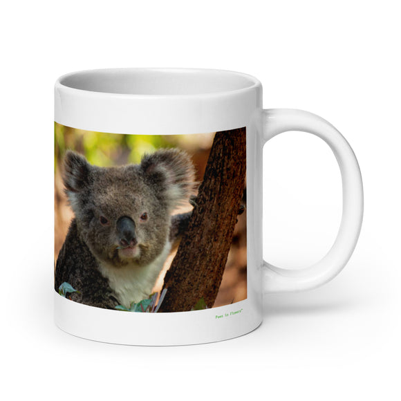 20 oz. white ceramic koala mug showing a koala in its natural habitat