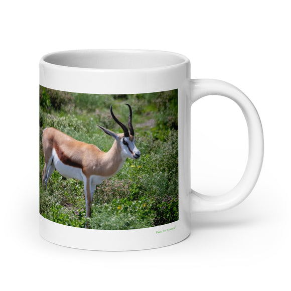 20 oz. white ceramic springbok mug showing a springbok in its natural habitat