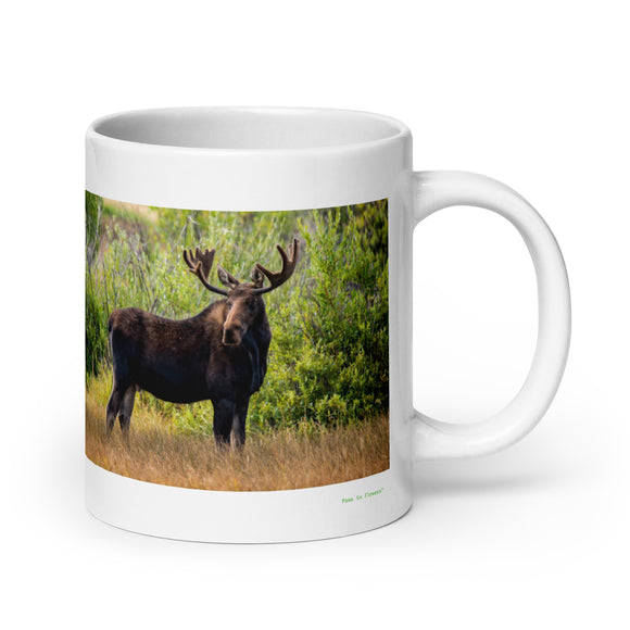 20 oz. white ceramic moose mug showing a moose in its natural habitat