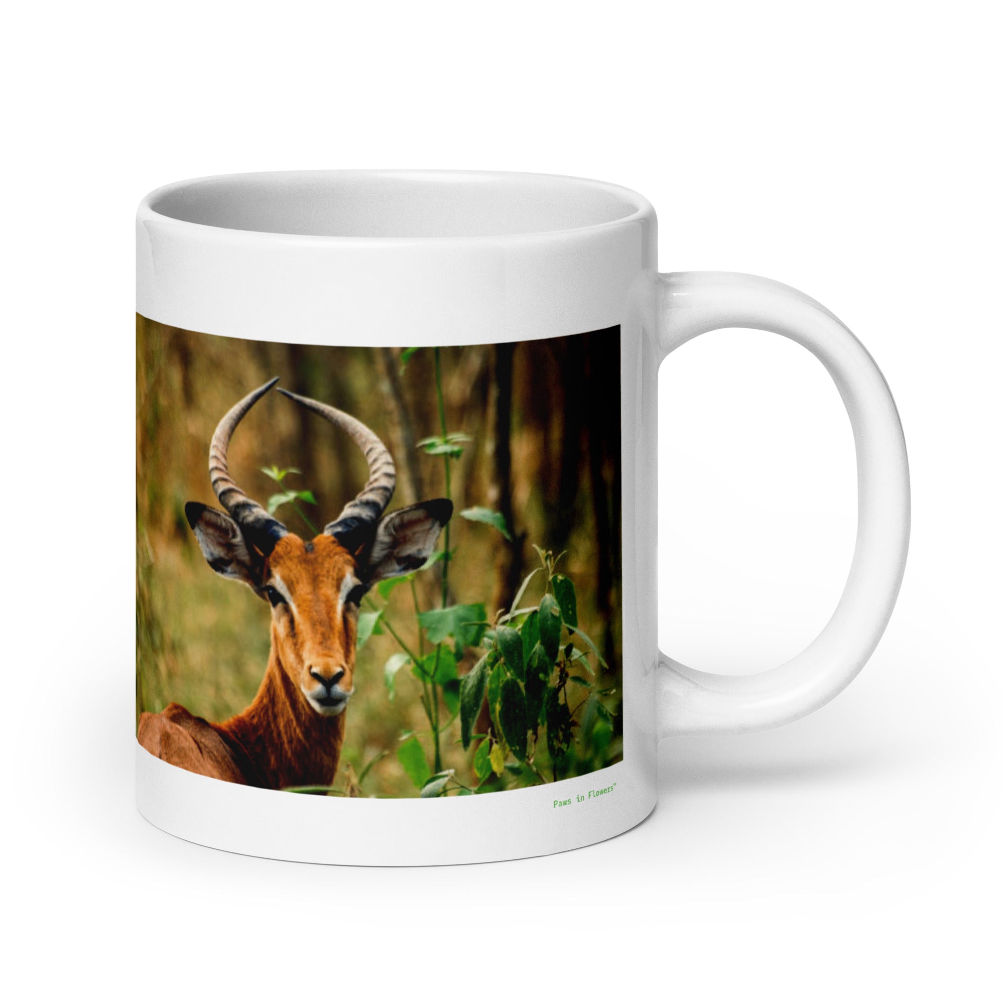 20 oz. white ceramic impala mug showing an impala in its natural habitat