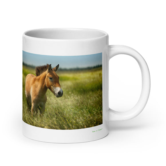 20 oz. white ceramic horse mug showing a horse in its natural habitat