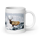20 oz. white ceramic elk mug showing an elk in its natural habitat