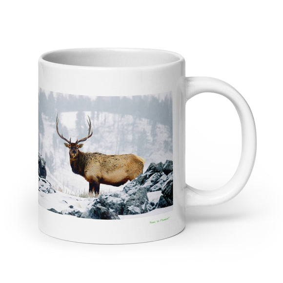 20 oz. white ceramic elk mug showing an elk in its natural habitat