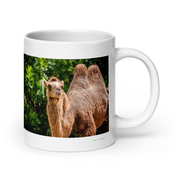 20 oz. white ceramic camel mug showing a camel in its natural habitat